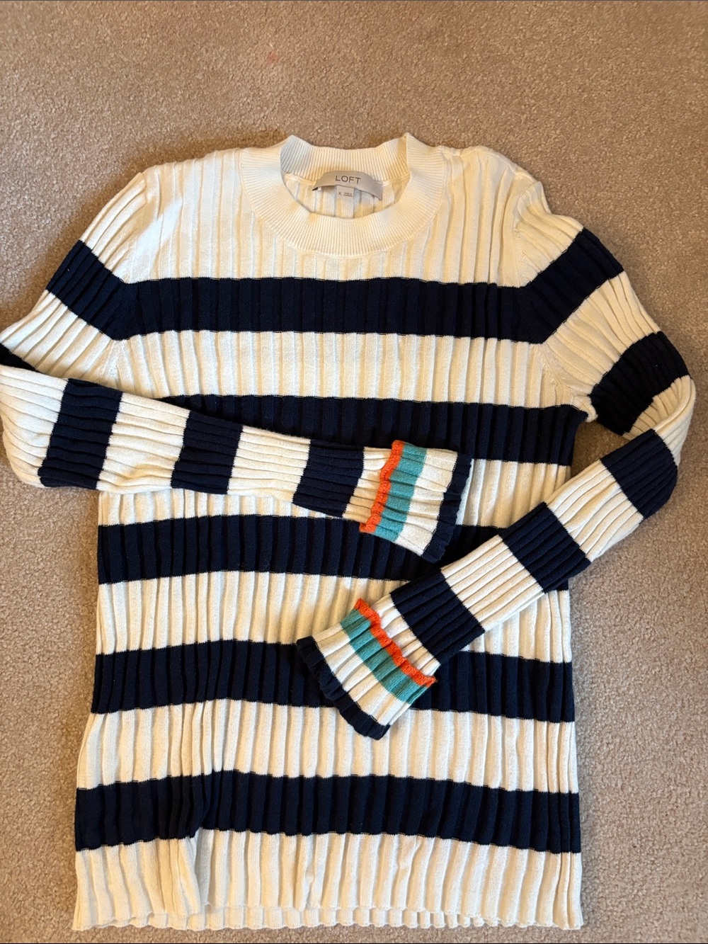 LOFT Navy & Ivory Striped Ribbed Sweater with Bright Cuff Bands